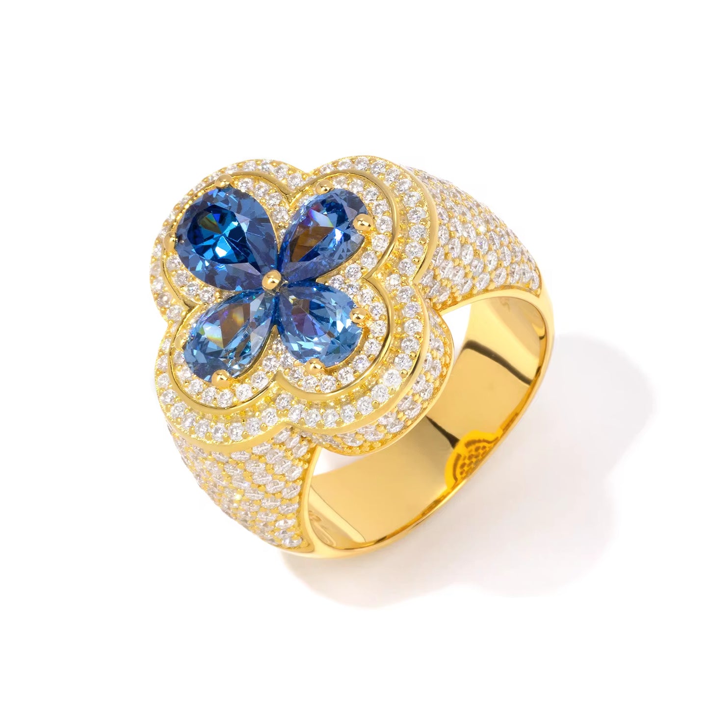 Iced Out Enamel Four Leaf Clover Ring