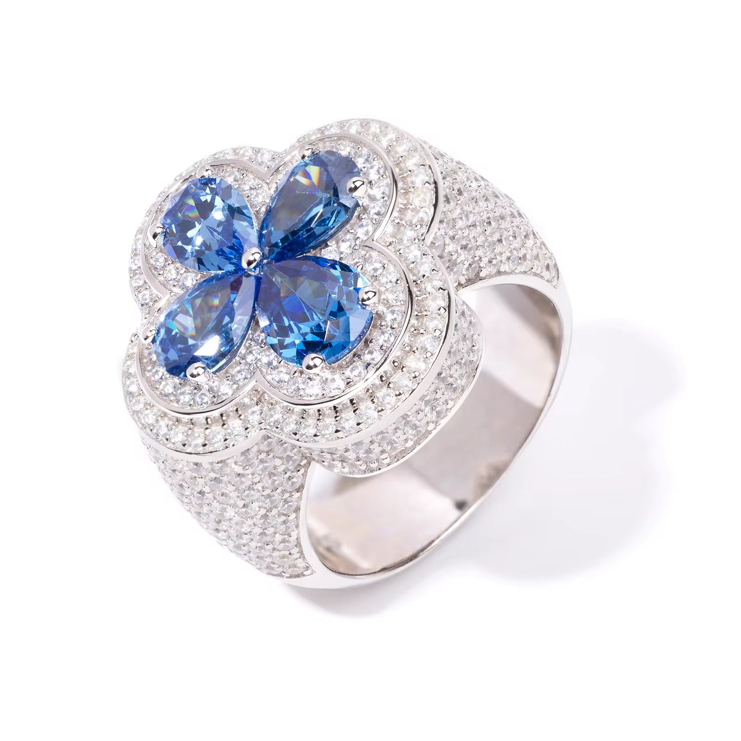 Iced Out Enamel Four Leaf Clover Ring