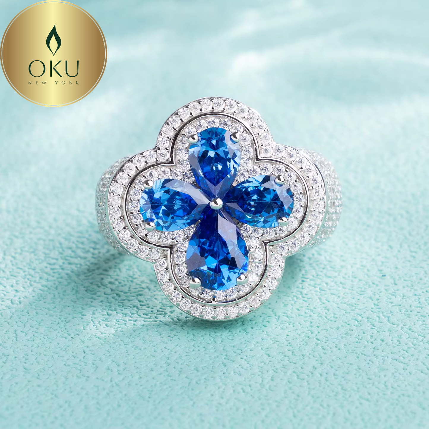 Iced Out Enamel Four Leaf Clover Ring