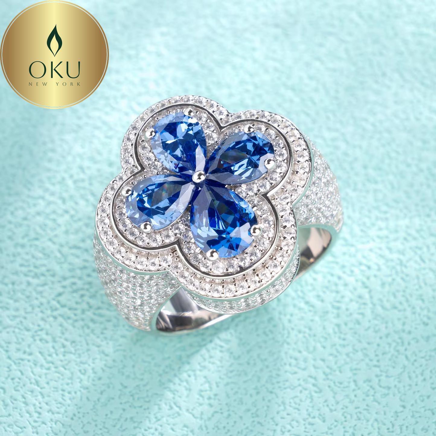 Iced Out Enamel Four Leaf Clover Ring