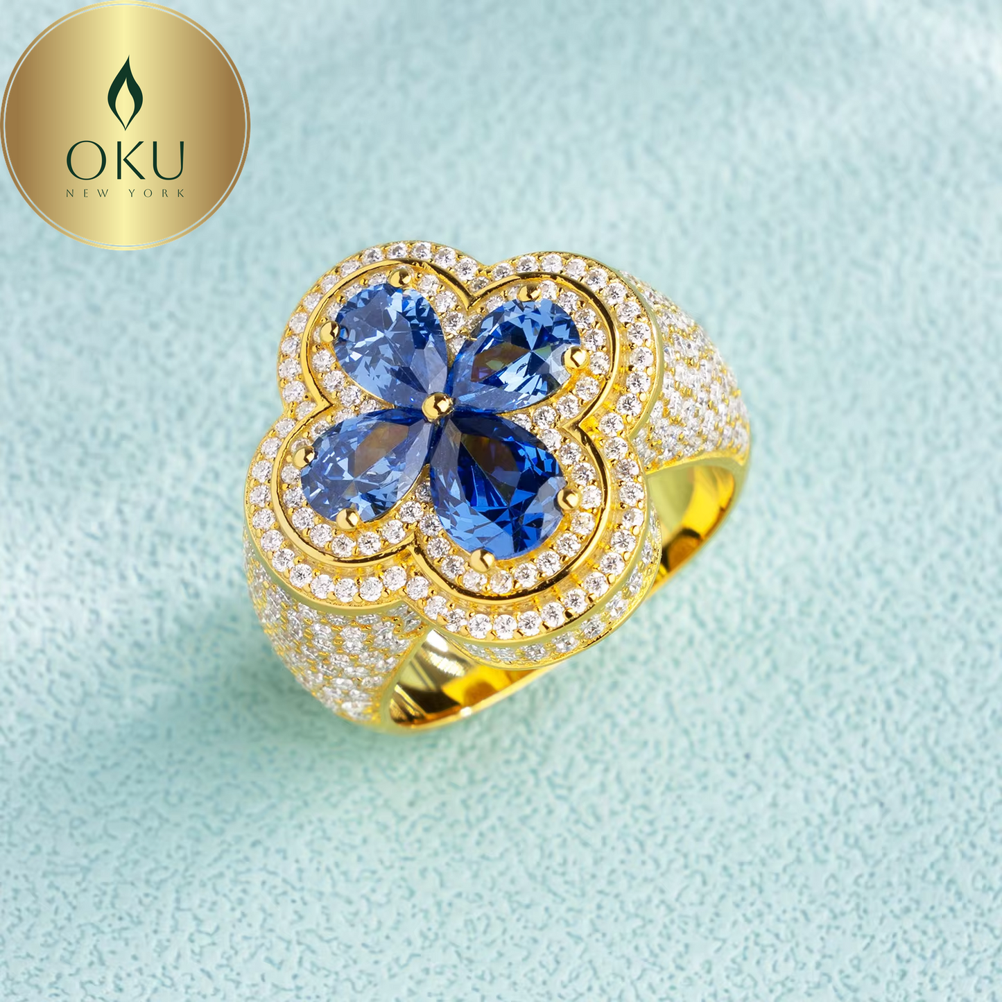 Iced Out Enamel Four Leaf Clover Ring