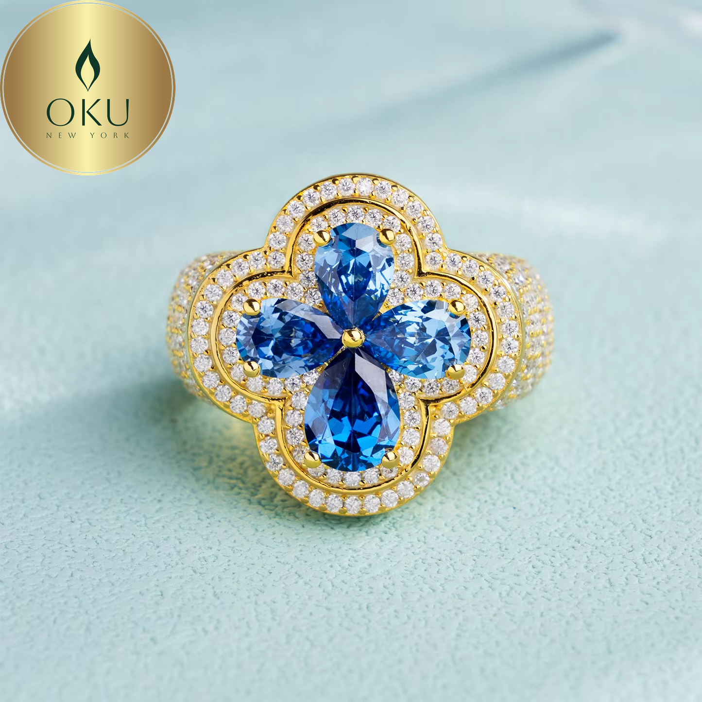 Iced Out Enamel Four Leaf Clover Ring